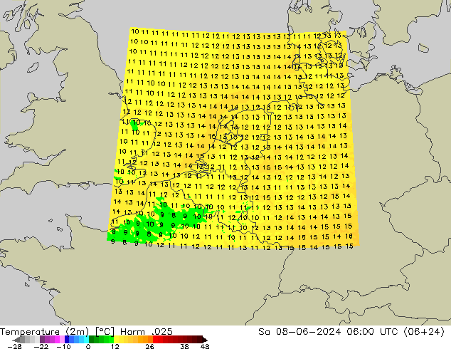 Temperatura (2m) Harm .025 sáb 08.06.2024 06 UTC