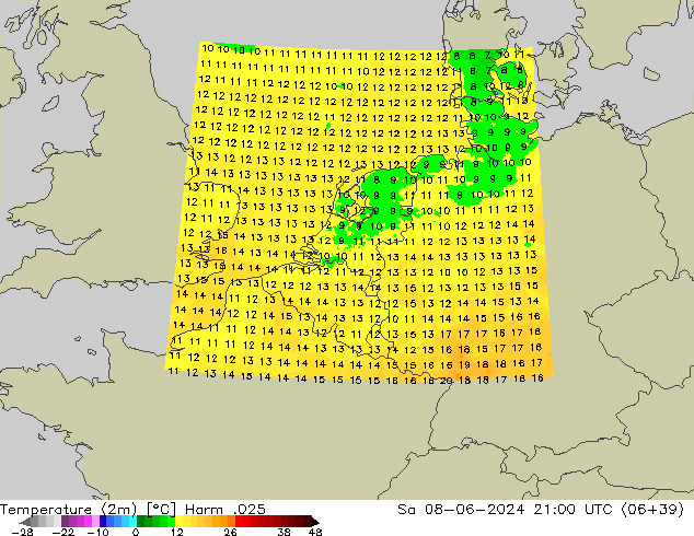 Sıcaklık Haritası (2m) Harm .025 Cts 08.06.2024 21 UTC