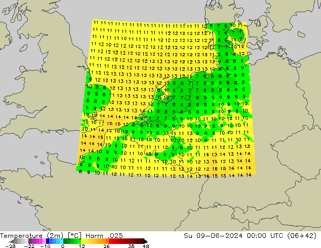 Temperature (2m) Harm .025 Su 09.06.2024 00 UTC