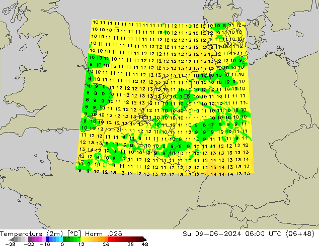 Temperaturkarte (2m) Harm .025 So 09.06.2024 06 UTC