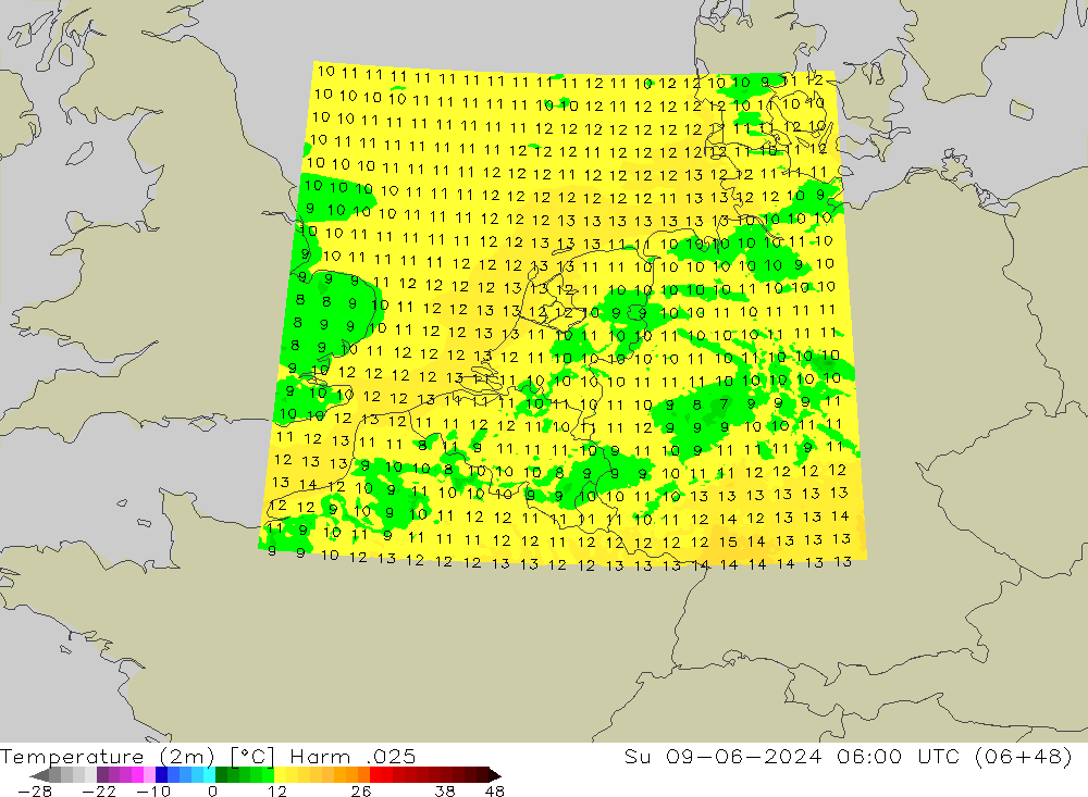 Temperature (2m) Harm .025 Su 09.06.2024 06 UTC
