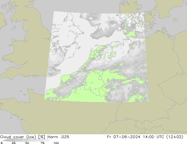 Cloud cover (low) Harm .025 Fr 07.06.2024 14 UTC