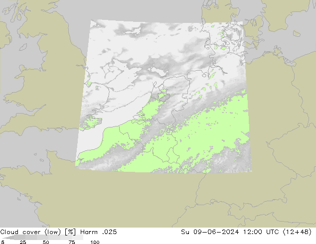 Cloud cover (low) Harm .025 Su 09.06.2024 12 UTC