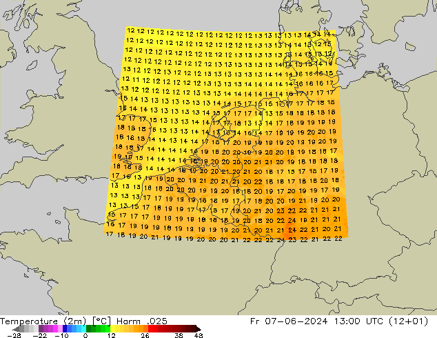 Temperatuurkaart (2m) Harm .025 vr 07.06.2024 13 UTC