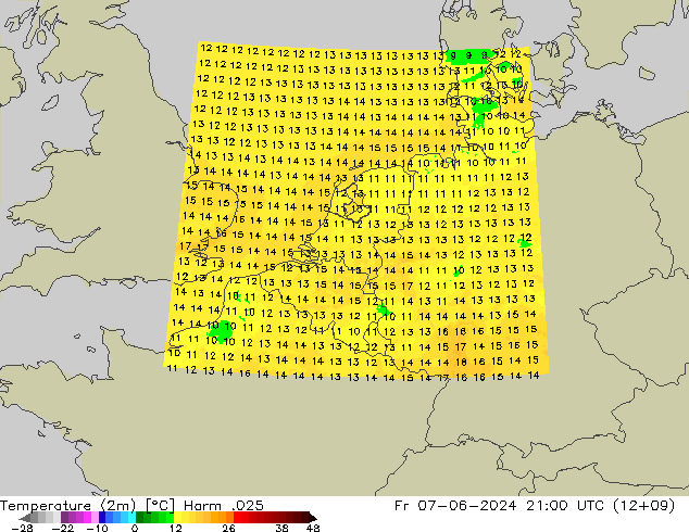 Temperatura (2m) Harm .025 ven 07.06.2024 21 UTC