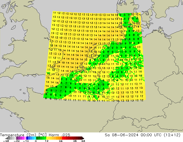 Temperaturkarte (2m) Harm .025 Sa 08.06.2024 00 UTC