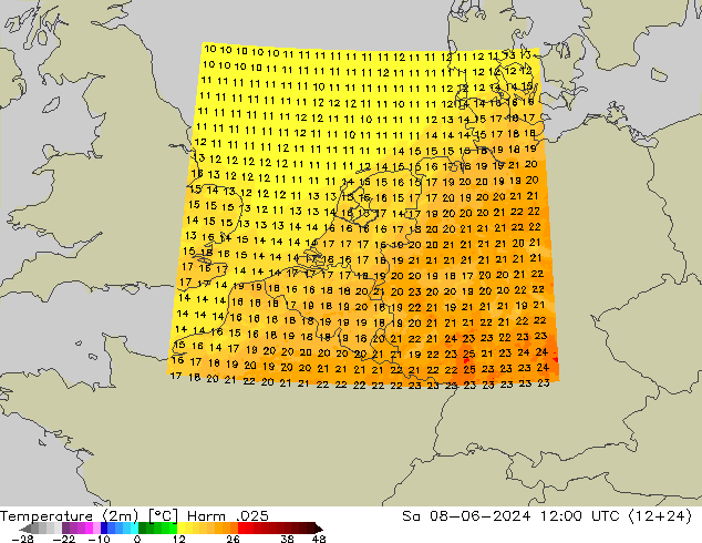 Temperaturkarte (2m) Harm .025 Sa 08.06.2024 12 UTC