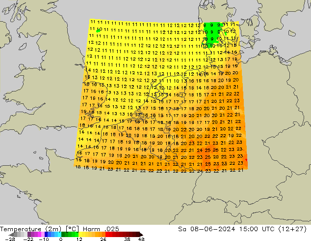 Temperaturkarte (2m) Harm .025 Sa 08.06.2024 15 UTC
