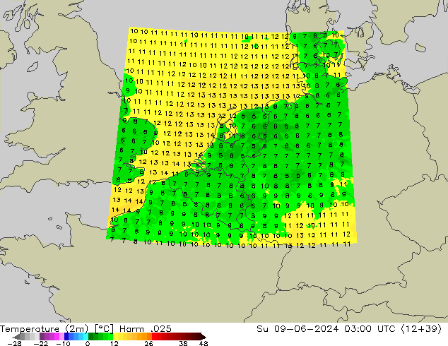 Temperatuurkaart (2m) Harm .025 zo 09.06.2024 03 UTC