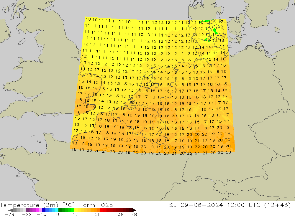 Temperature (2m) Harm .025 Su 09.06.2024 12 UTC