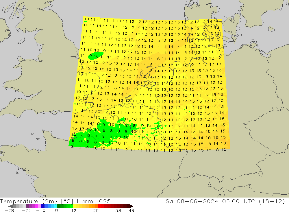 Temperatuurkaart (2m) Harm .025 za 08.06.2024 06 UTC