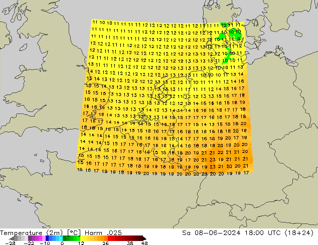 mapa temperatury (2m) Harm .025 so. 08.06.2024 18 UTC