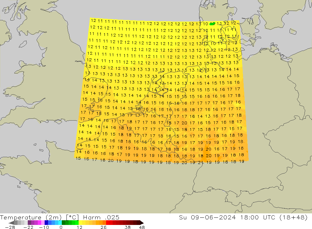 température (2m) Harm .025 dim 09.06.2024 18 UTC