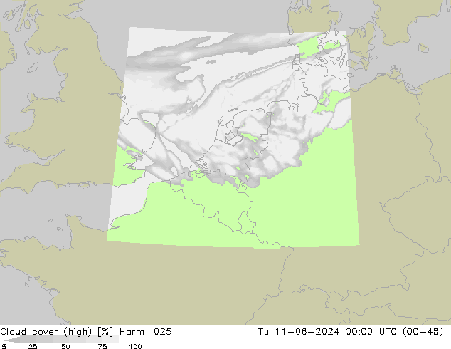 Cloud cover (high) Harm .025 Tu 11.06.2024 00 UTC