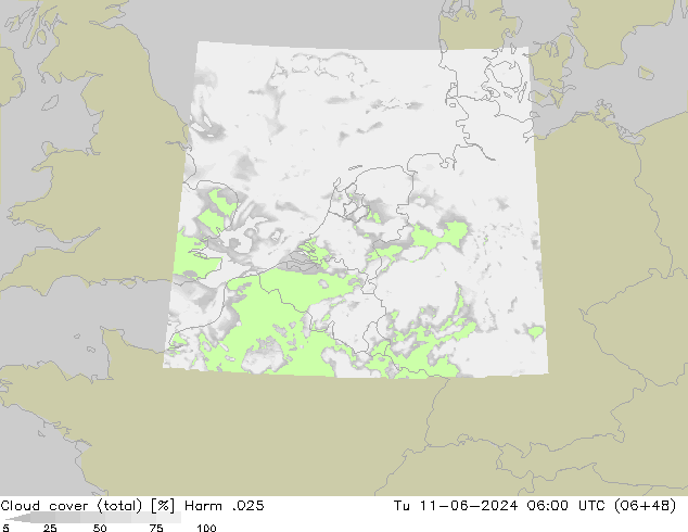Cloud cover (total) Harm .025 Út 11.06.2024 06 UTC