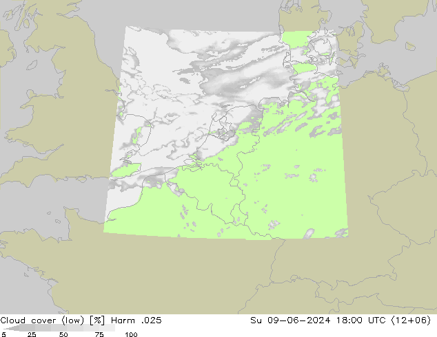 Cloud cover (low) Harm .025 Su 09.06.2024 18 UTC