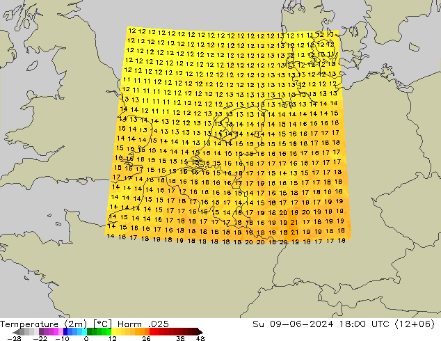Temperatuurkaart (2m) Harm .025 zo 09.06.2024 18 UTC