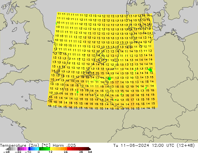 Temperaturkarte (2m) Harm .025 Di 11.06.2024 12 UTC