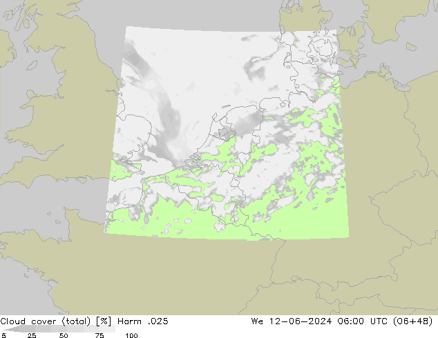 Cloud cover (total) Harm .025 We 12.06.2024 06 UTC
