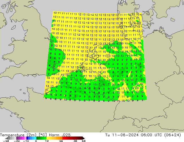 Temperaturkarte (2m) Harm .025 Di 11.06.2024 06 UTC