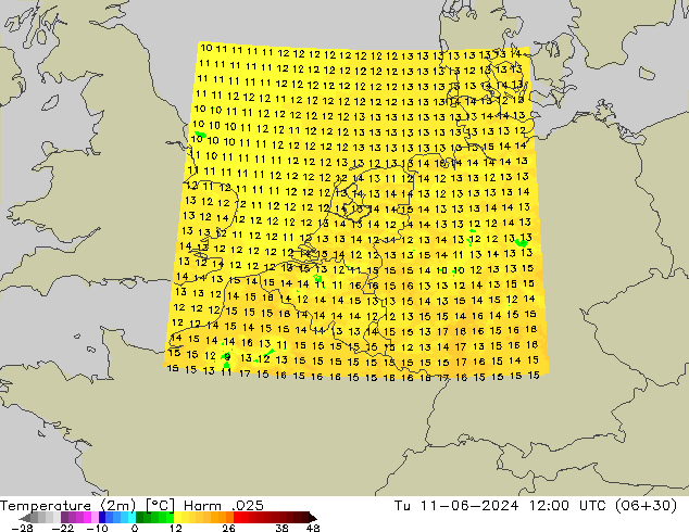 Temperatuurkaart (2m) Harm .025 di 11.06.2024 12 UTC