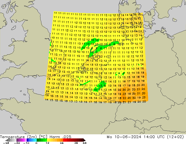 Temperaturkarte (2m) Harm .025 Mo 10.06.2024 14 UTC