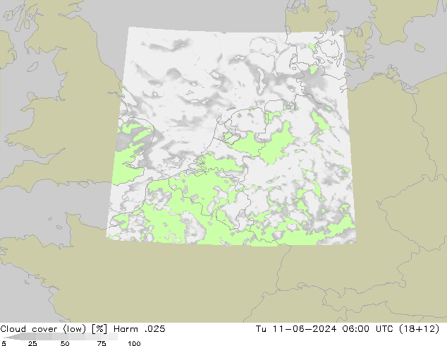 Cloud cover (low) Harm .025 Tu 11.06.2024 06 UTC