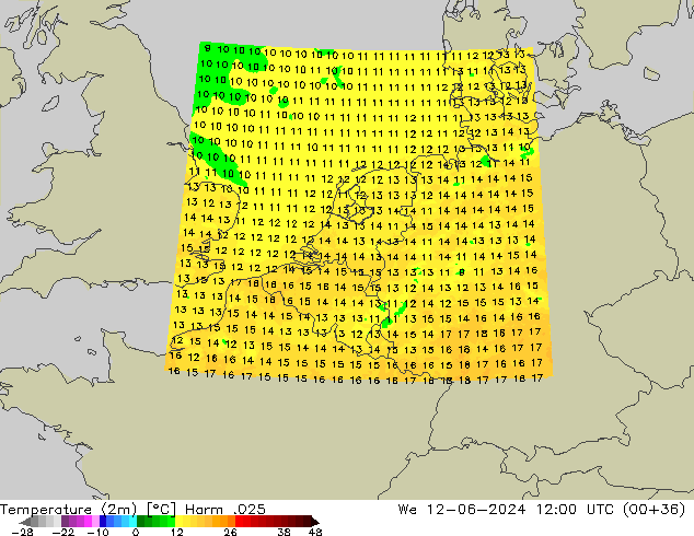 Temperatuurkaart (2m) Harm .025 wo 12.06.2024 12 UTC