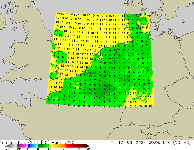 Temperatuurkaart (2m) Harm .025 do 13.06.2024 00 UTC