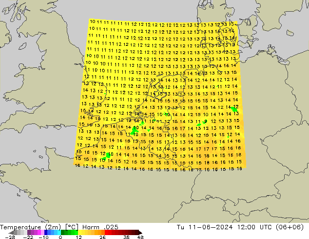 Temperaturkarte (2m) Harm .025 Di 11.06.2024 12 UTC