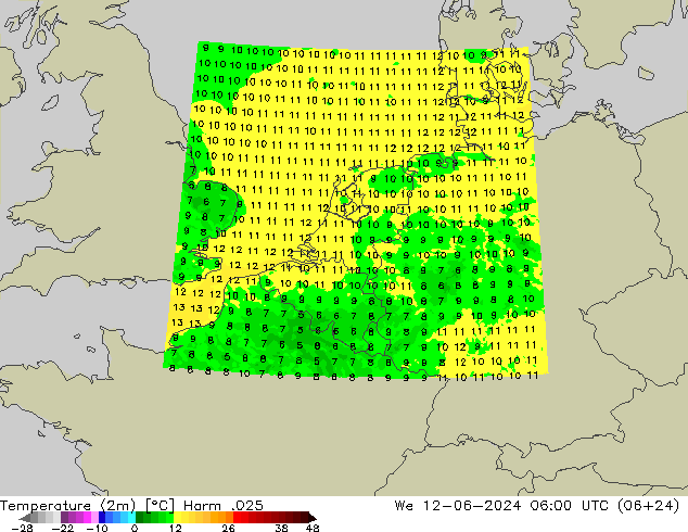 Temperatura (2m) Harm .025 mer 12.06.2024 06 UTC