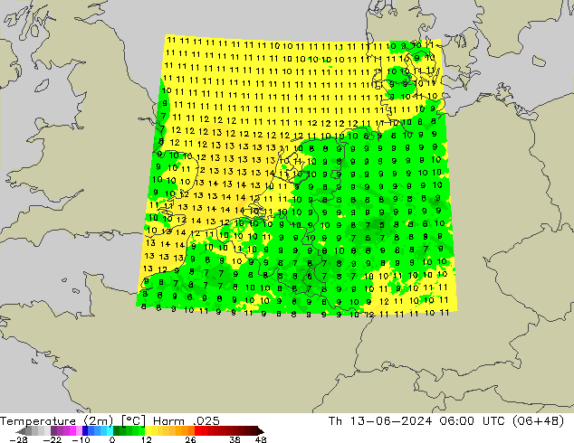 Temperaturkarte (2m) Harm .025 Do 13.06.2024 06 UTC