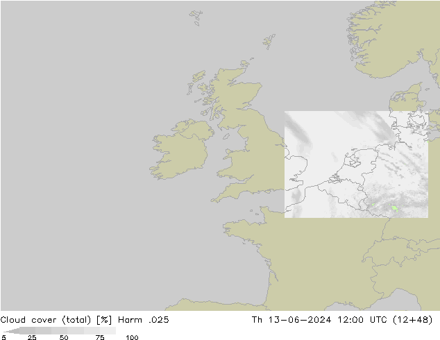 Cloud cover (total) Harm .025 Th 13.06.2024 12 UTC