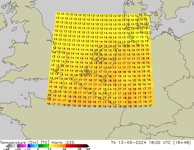 mapa temperatury (2m) Harm .025 czw. 13.06.2024 18 UTC