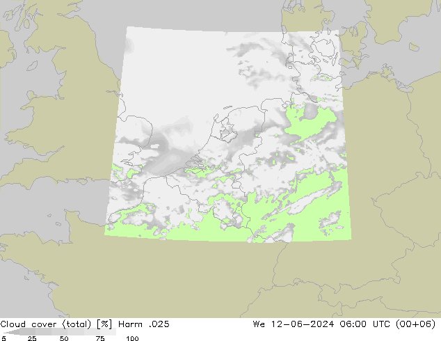 Cloud cover (total) Harm .025 We 12.06.2024 06 UTC