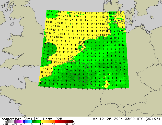 température (2m) Harm .025 mer 12.06.2024 03 UTC