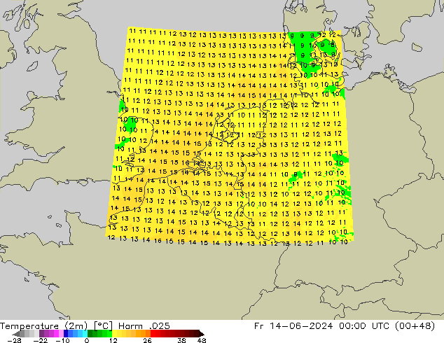 Temperature (2m) Harm .025 Fr 14.06.2024 00 UTC