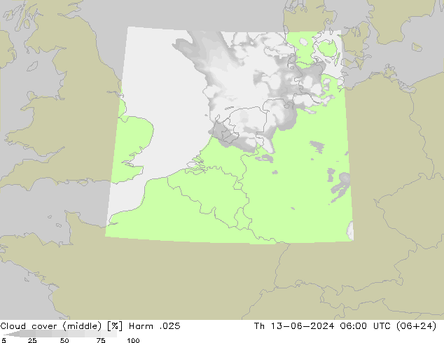 Cloud cover (middle) Harm .025 Th 13.06.2024 06 UTC