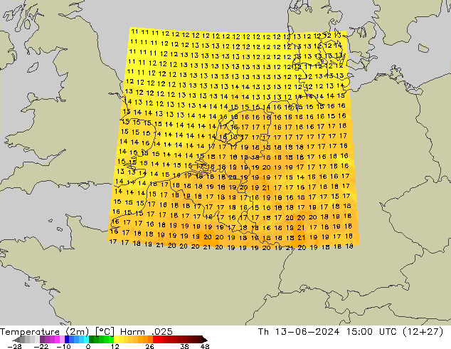 Temperatuurkaart (2m) Harm .025 do 13.06.2024 15 UTC