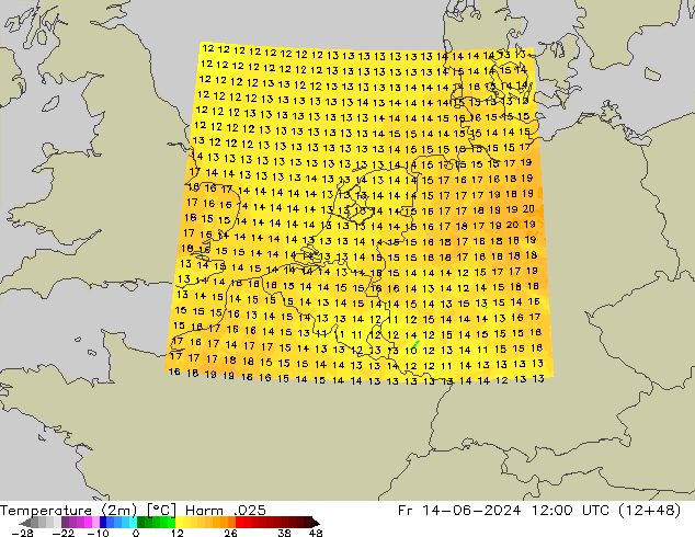 Temperature (2m) Harm .025 Fr 14.06.2024 12 UTC