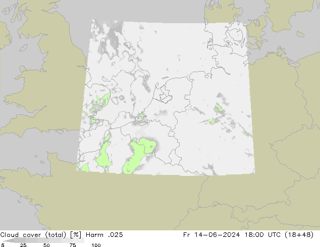 Cloud cover (total) Harm .025 Fr 14.06.2024 18 UTC