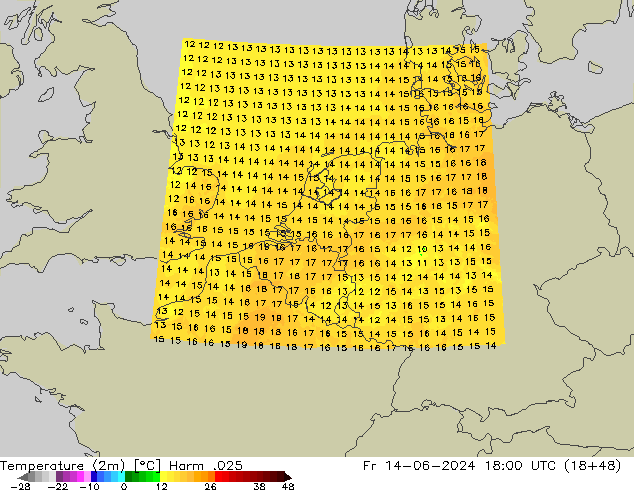 Temperature (2m) Harm .025 Fr 14.06.2024 18 UTC