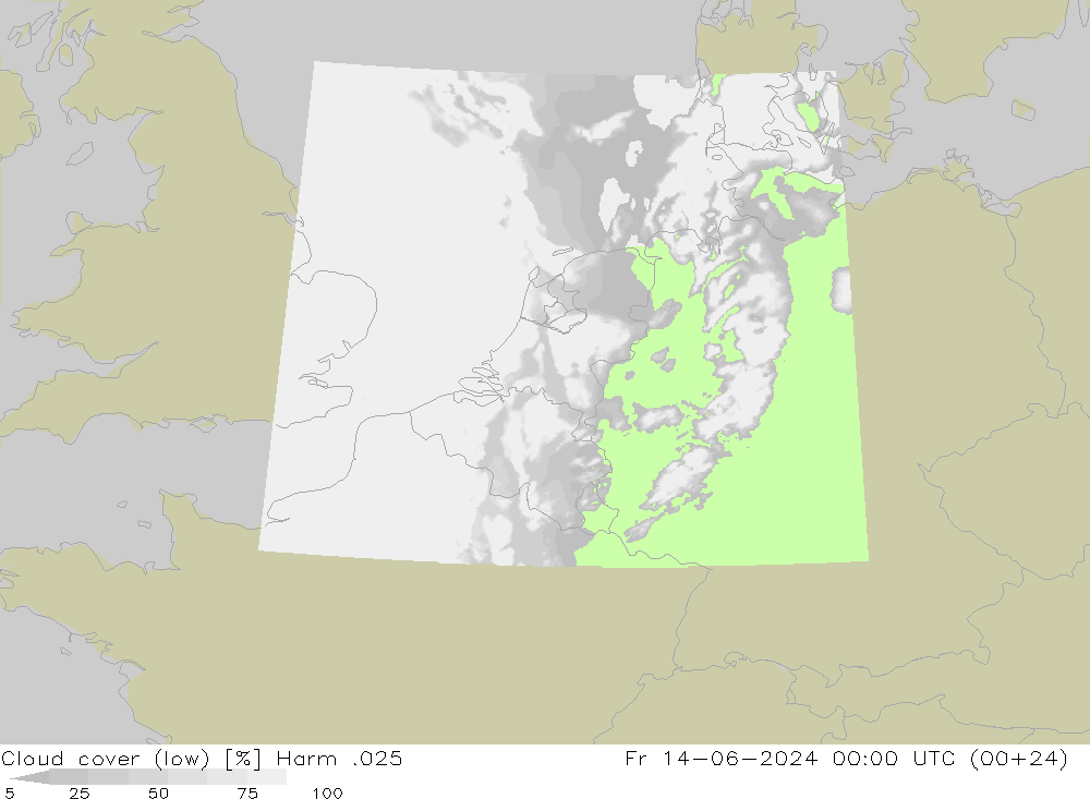 Cloud cover (low) Harm .025 Fr 14.06.2024 00 UTC