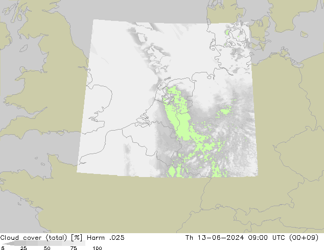 Cloud cover (total) Harm .025 Th 13.06.2024 09 UTC