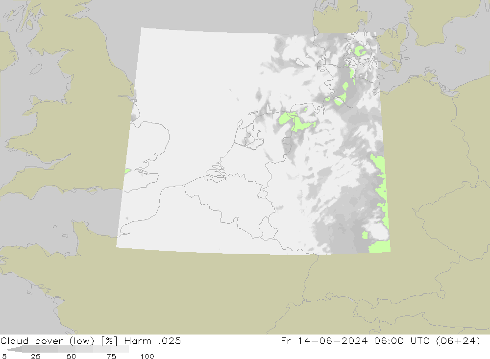 Cloud cover (low) Harm .025 Fr 14.06.2024 06 UTC