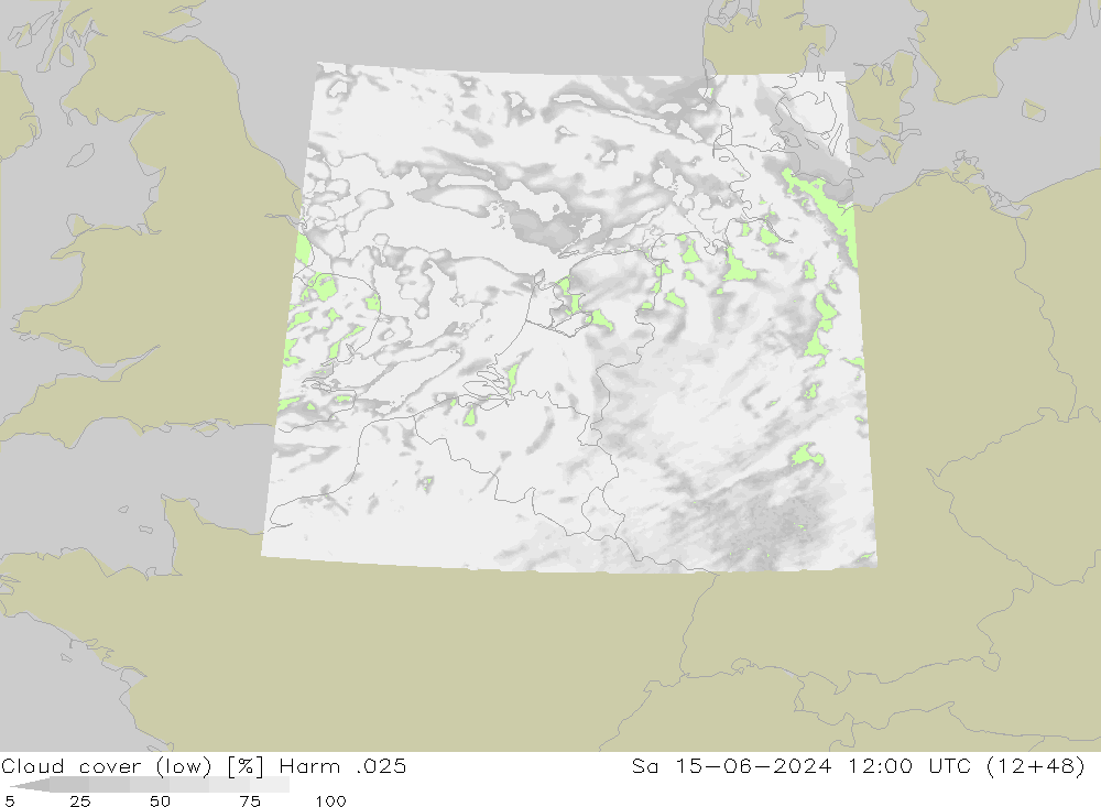 Cloud cover (low) Harm .025 Sa 15.06.2024 12 UTC