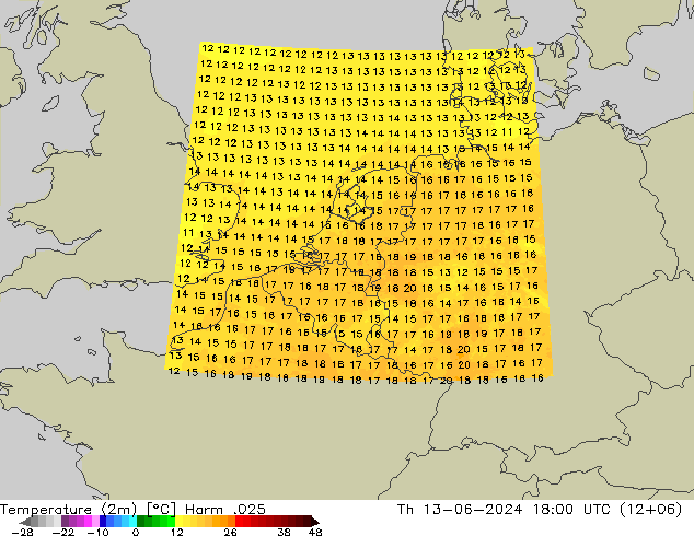 Temperatura (2m) Harm .025 jue 13.06.2024 18 UTC