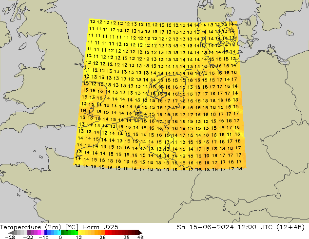 mapa temperatury (2m) Harm .025 so. 15.06.2024 12 UTC