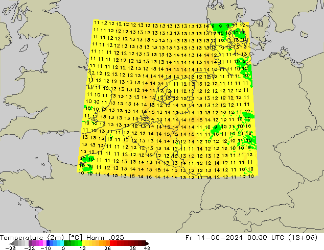 Temperature (2m) Harm .025 Fr 14.06.2024 00 UTC