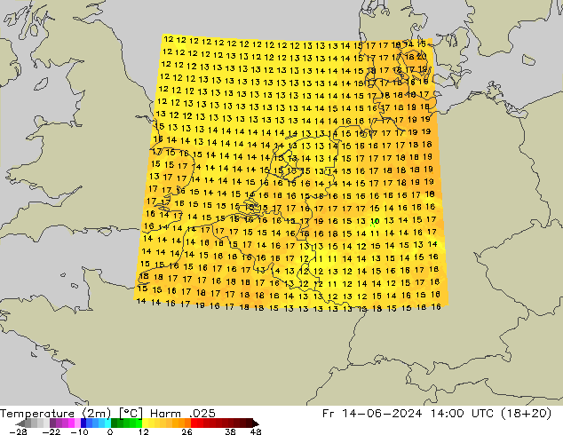 Temperature (2m) Harm .025 Fr 14.06.2024 14 UTC
